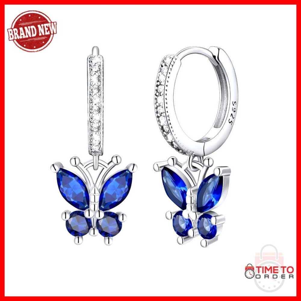 Sterling Silver Butterfly Dangle Earrings with Created Sapphire Birthstone